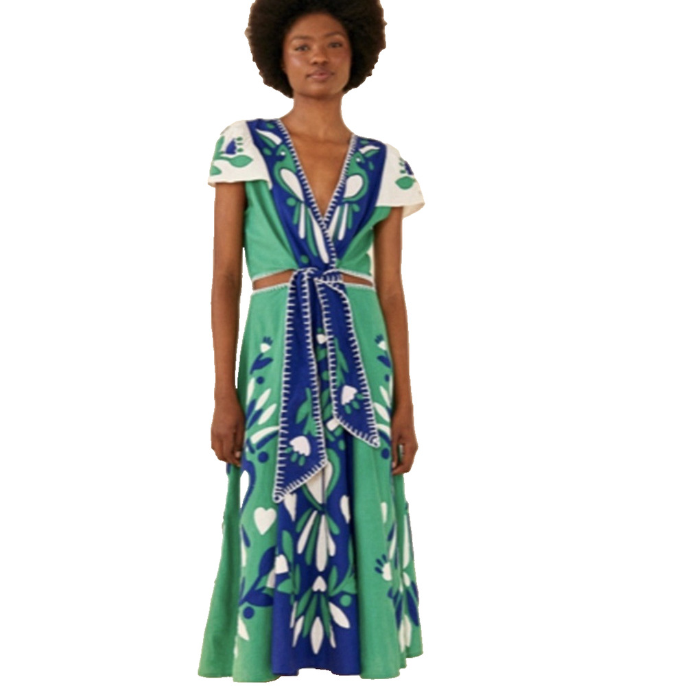 FARM RIO SOFT GARDEN BLUE GREEN FLORAL MIDI DRESS BELTED LINEN BLEND XL - Picture 4 of 10